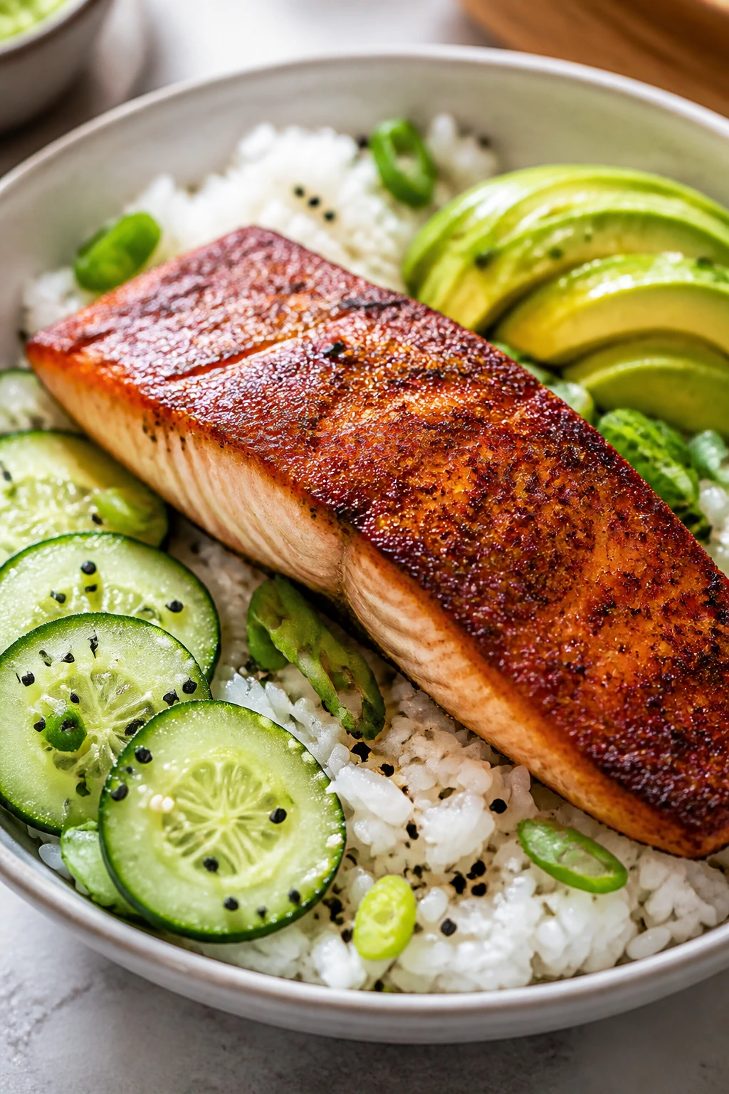 Close-up of crispy salmon rice bowl with avocado and cucumber