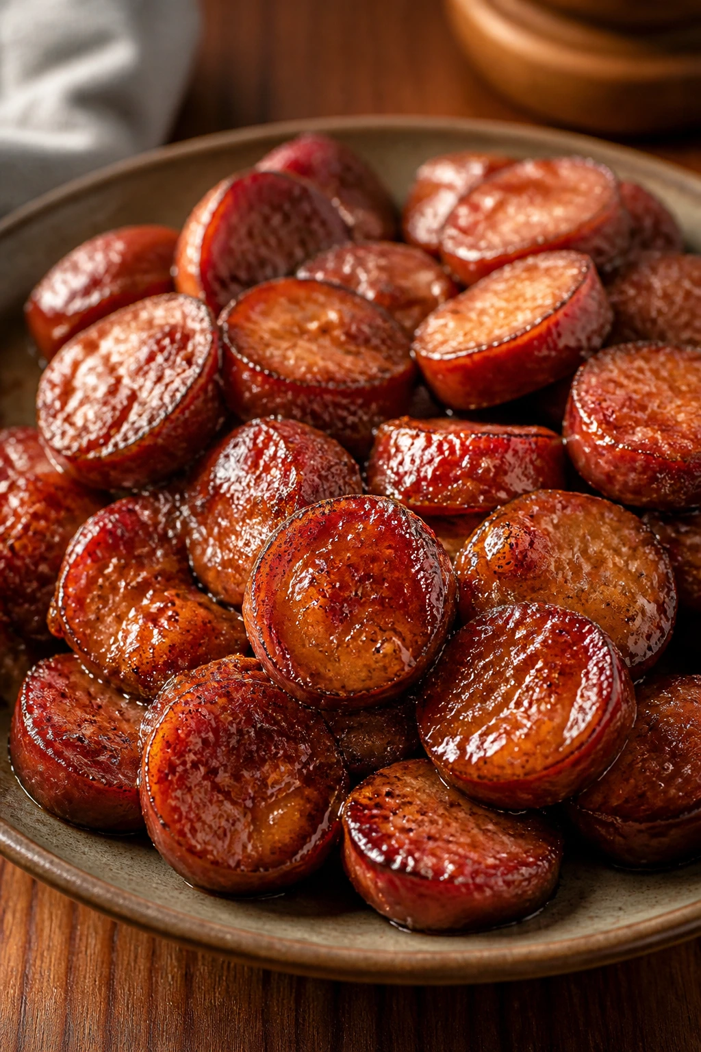 Close-up of glossy glazed sausage coins on a plate