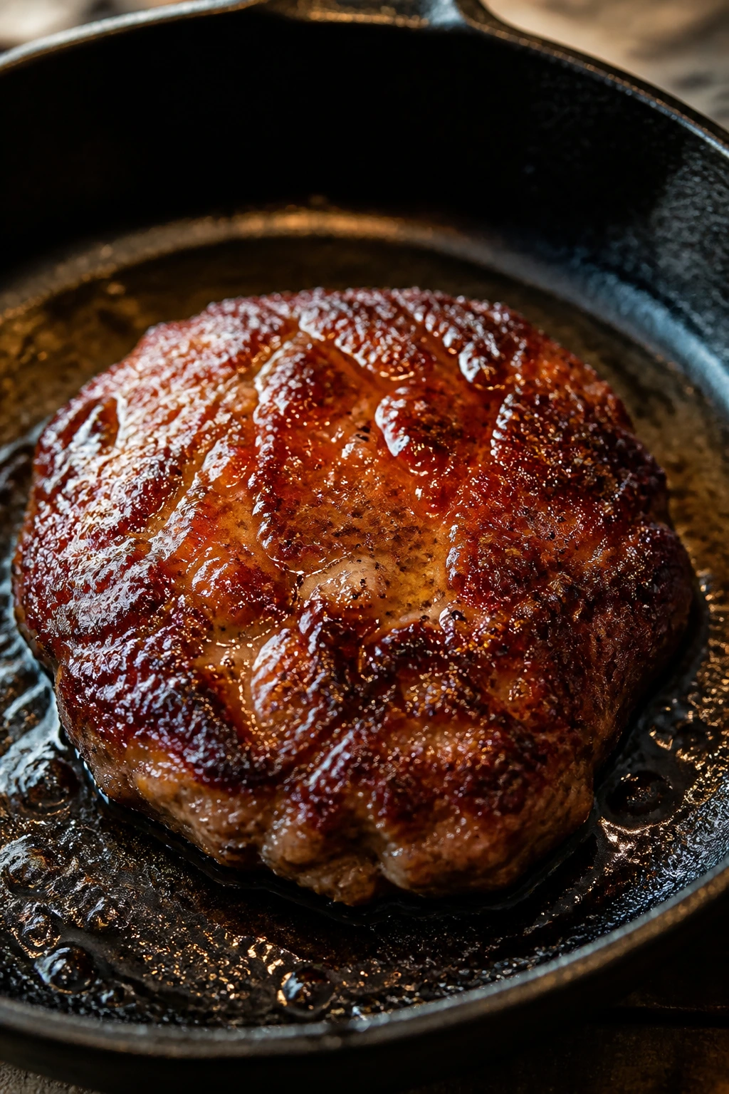 Close-up of a sausage patty with crisp crust and glossy glaze
