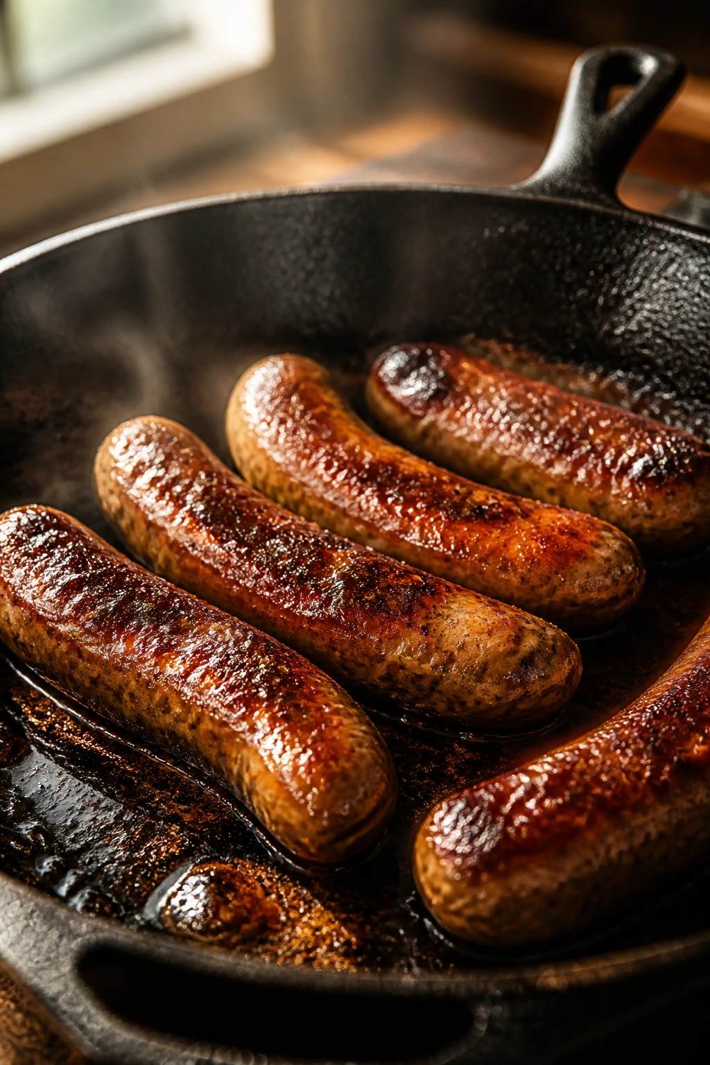 Close-up of crispy browned sausage in a skillet