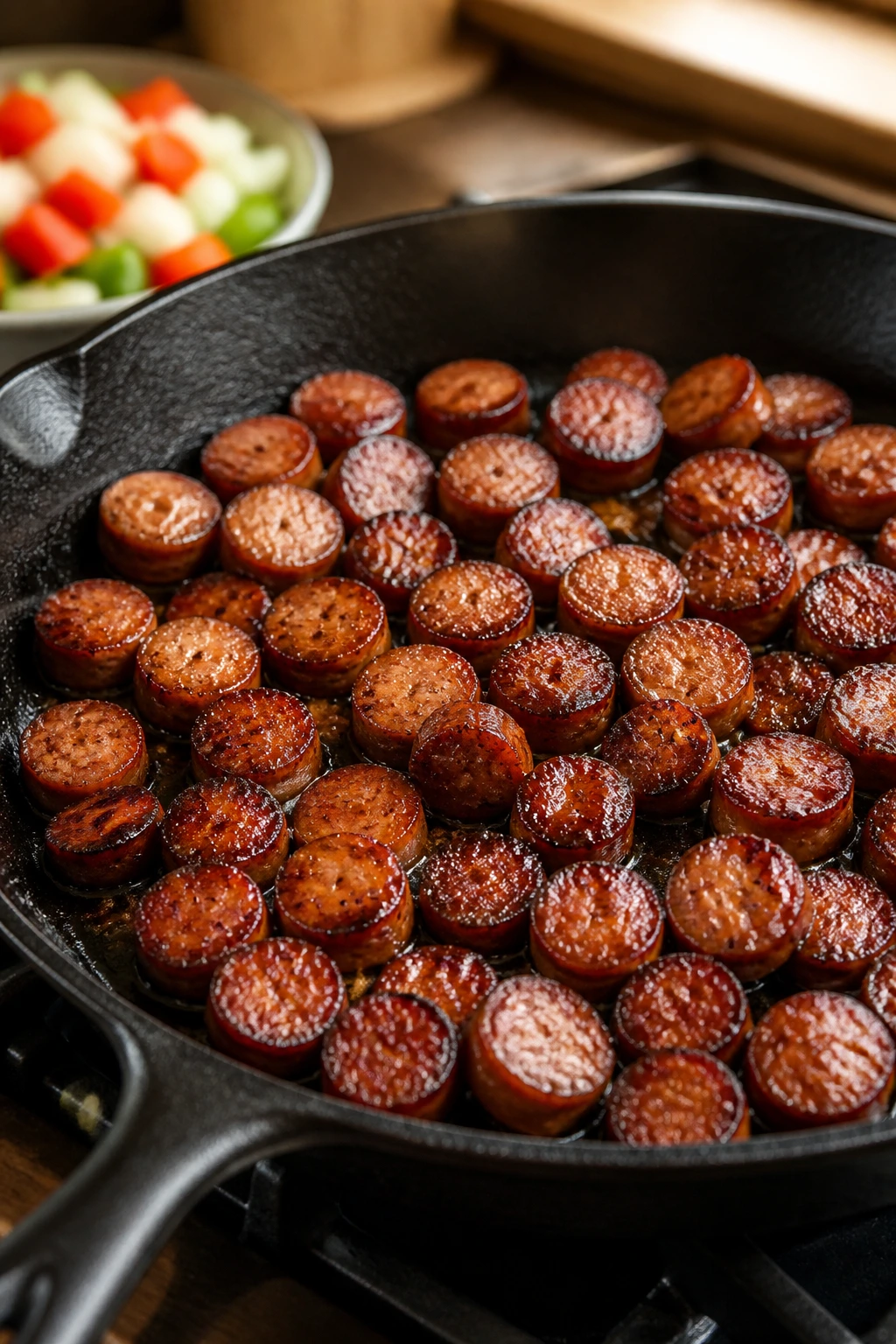 Close-up of crispy sausage coins browning in a cast-iron skillet with glossy glaze