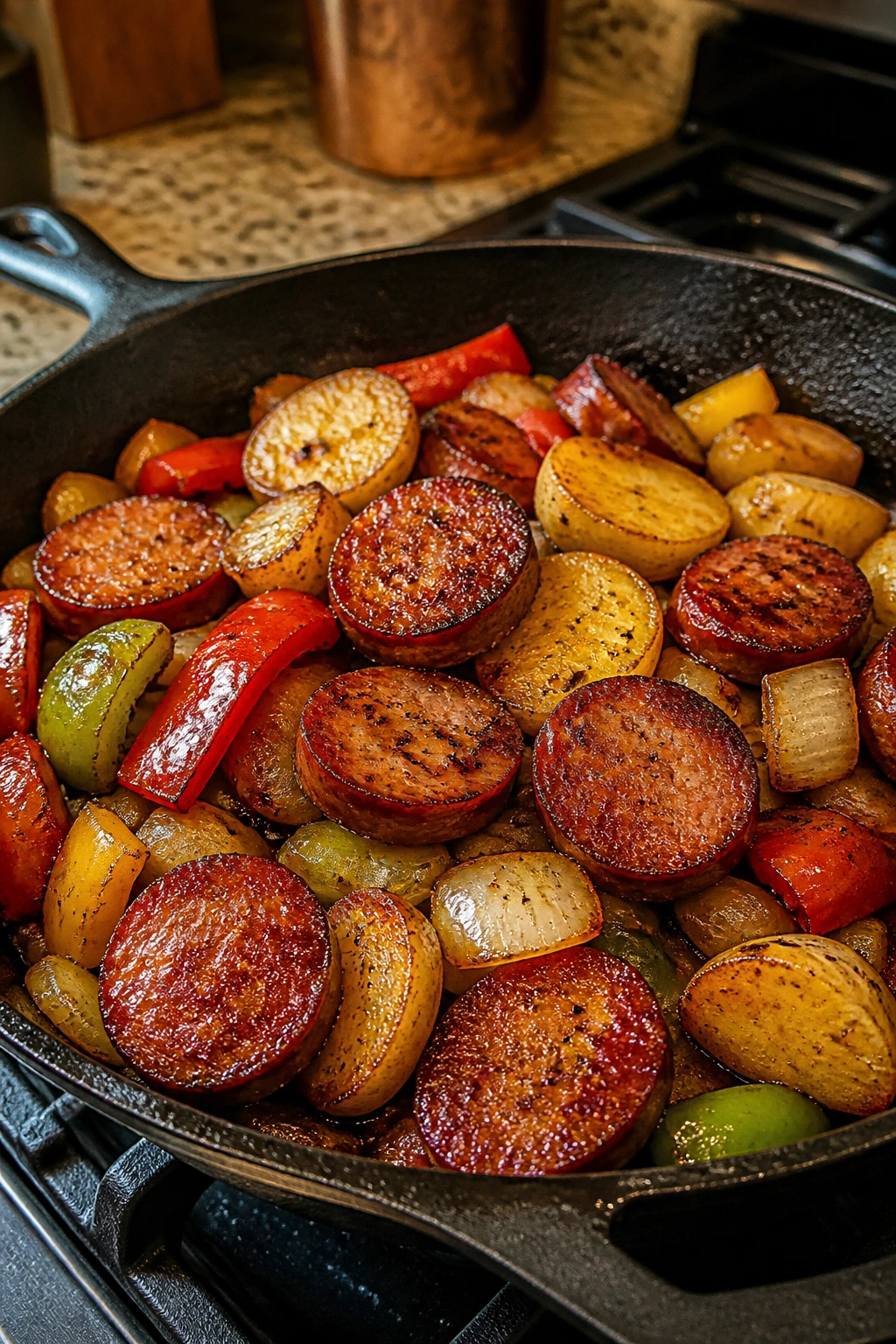 Close-up of crispy smoked sausage skillet with potatoes, onions, and peppers in a cast-iron pan