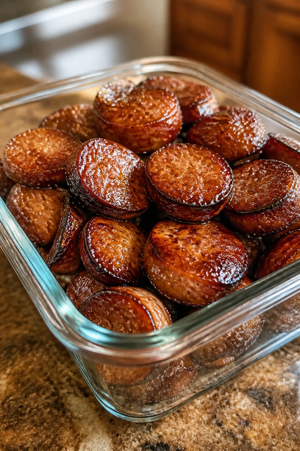 Airtight storage container with crispy glazed sausage on a kitchen counter