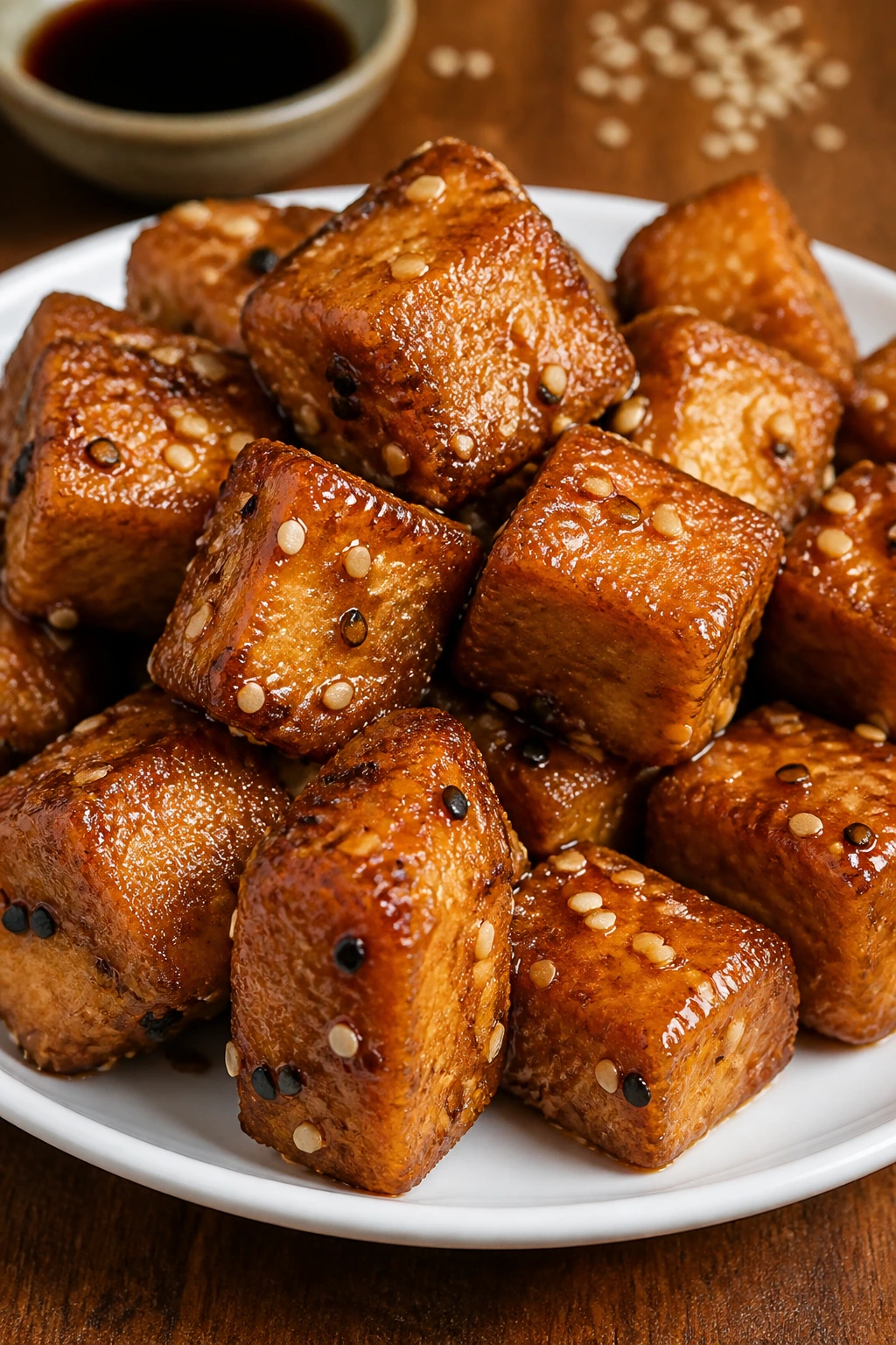 Crispy sesame tofu on plate with sesame seeds