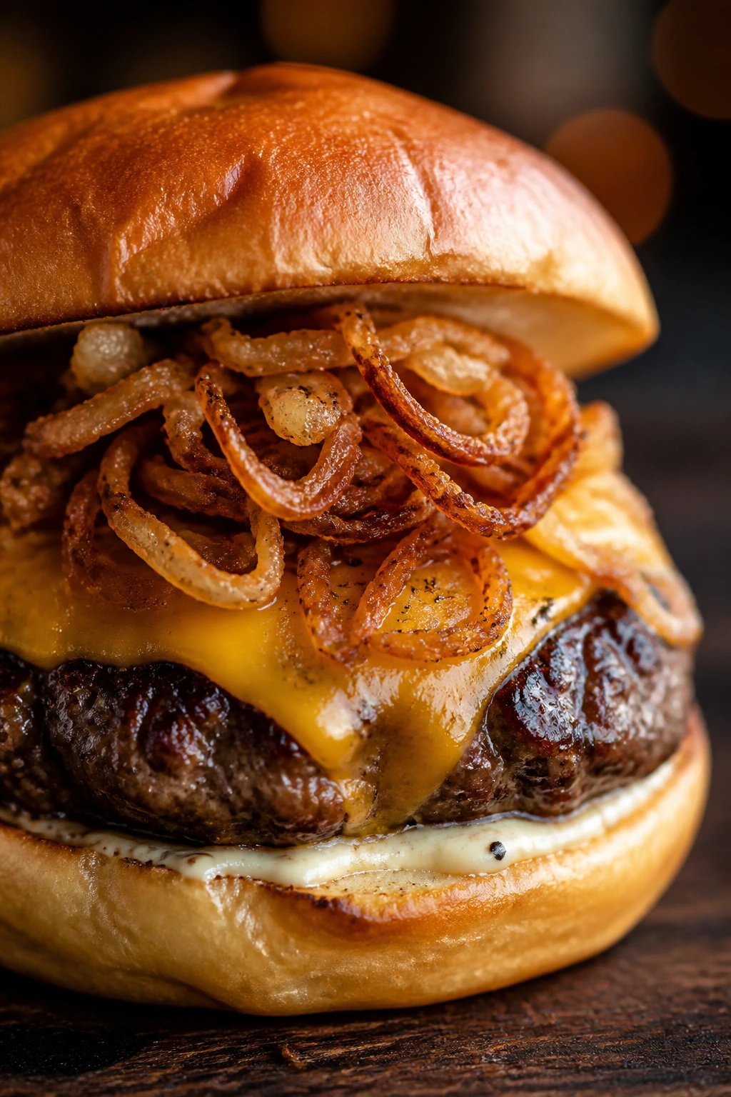 Beef steakhouse burger with crispy shallots and horseradish mayo close-up