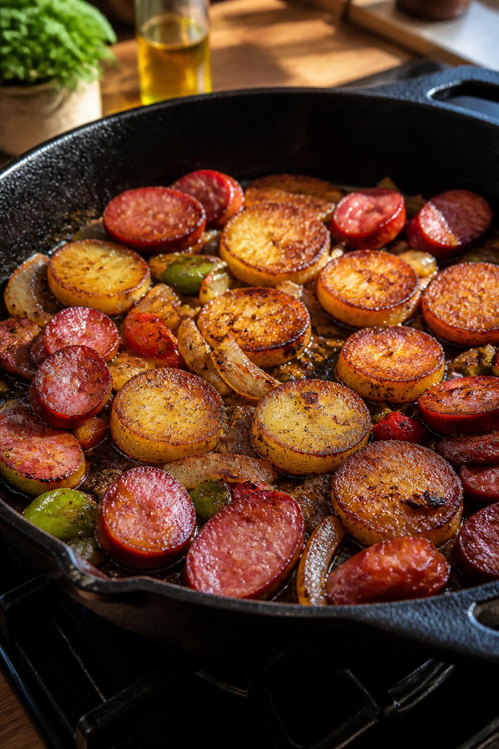Close-up of potatoes browning in a cast-iron skillet with sausage