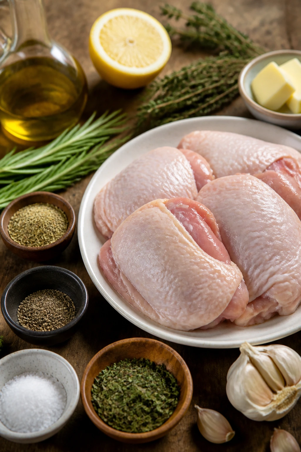 Close-up of crispy-skinned herb chicken thighs on a dark plate in a warm dining setting