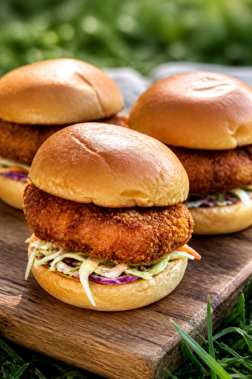 Close-up of crispy chicken cutlet sliders on a wooden board outdoors