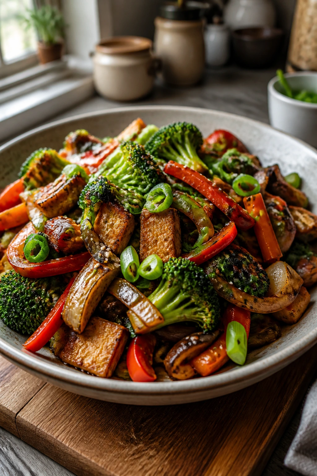 Crispy veggie stir fry in a shallow bowl with sesame seeds and scallions