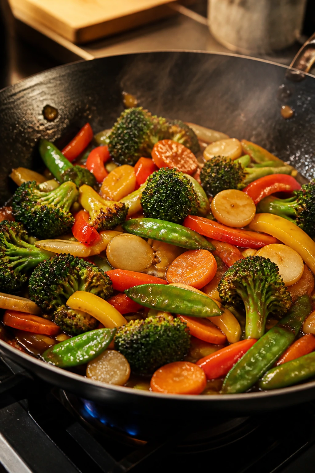 Medium close-up of crispy veggie stir fry in a wok with glossy sauce and bright vegetables