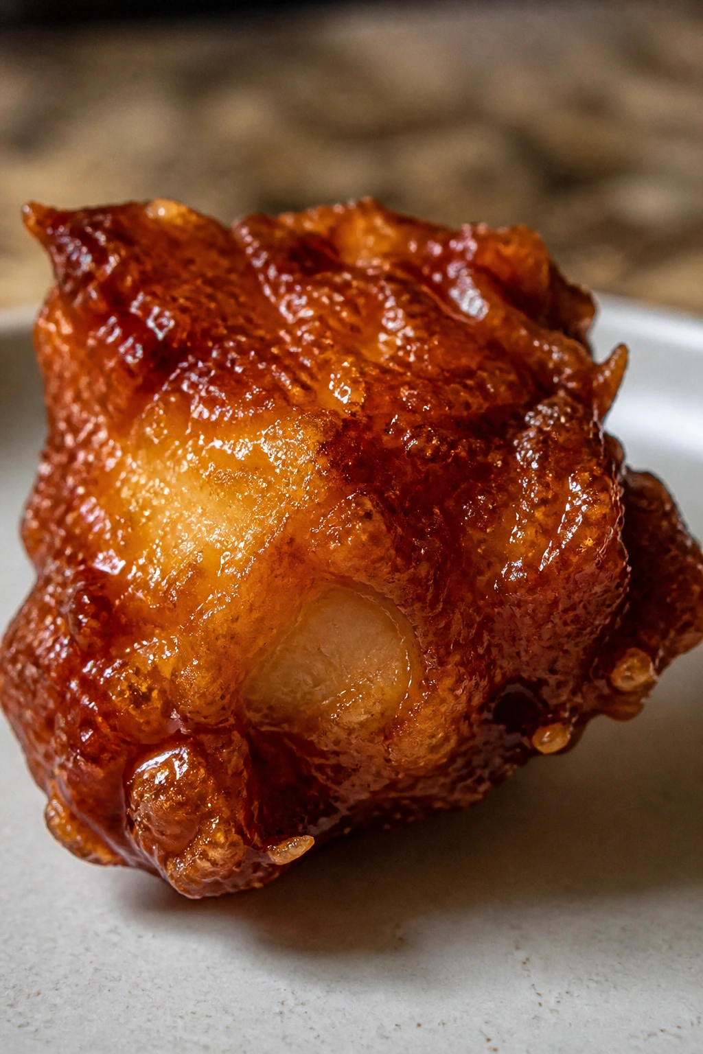 Extreme close-up of a single crispy takeout-style chicken bite with crackly thin shell.