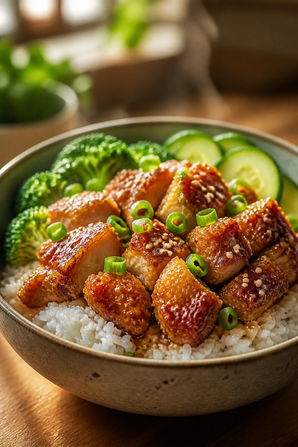 Close-up of crispy teriyaki chicken on jasmine rice with glossy glaze