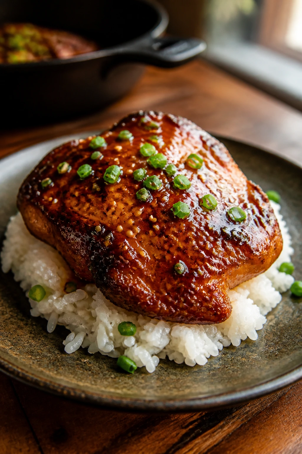 Close-up of crispy teriyaki chicken and rice with glossy glaze on a rustic plate