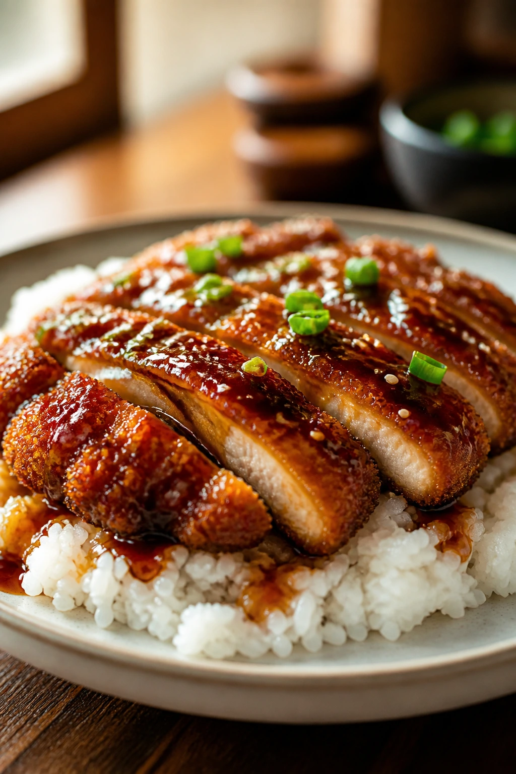 Close-up of crispy teriyaki chicken on rice with glossy glaze