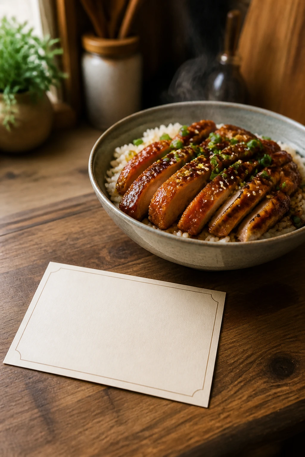 Blank recipe card beside a Crispy Teriyaki Chicken Rice bowl in a warm kitchen