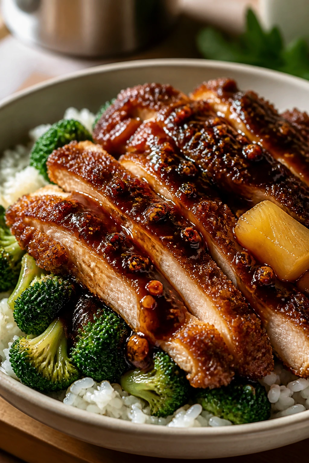 Close-up of crispy teriyaki chicken rice with broccoli and pineapple toppings in a warm kitchen