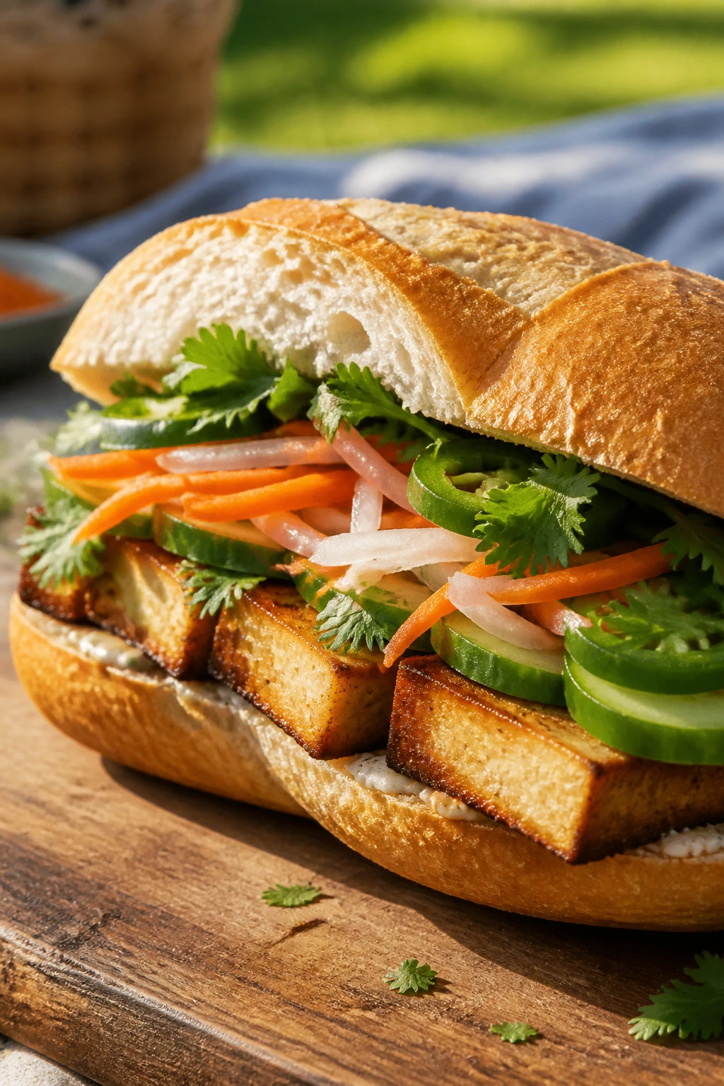 Cross-section Crispy Tofu Banh Mi on wooden board in outdoor picnic setting