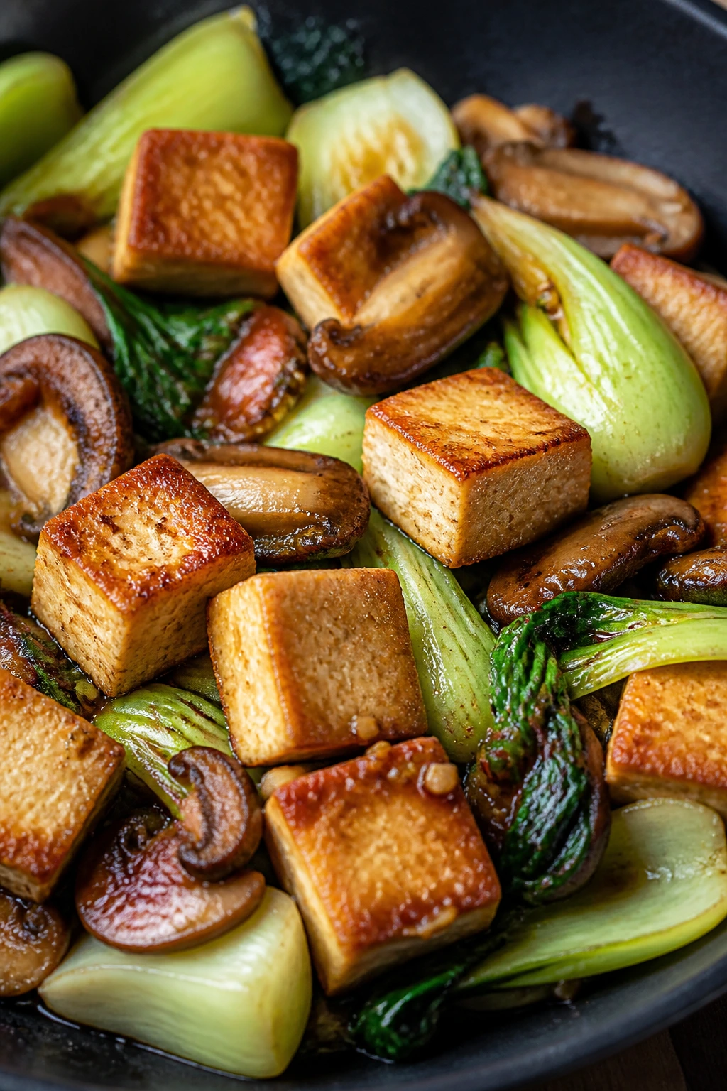 Crispy tofu with bok choy and mushrooms in stir-fry sauce
