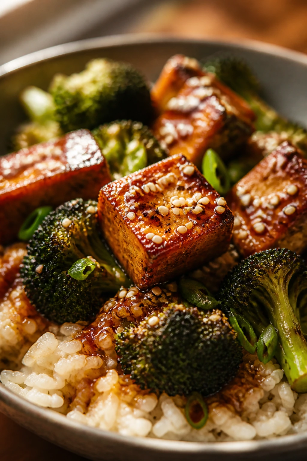 Close-up crispy tofu broccoli rice bowl