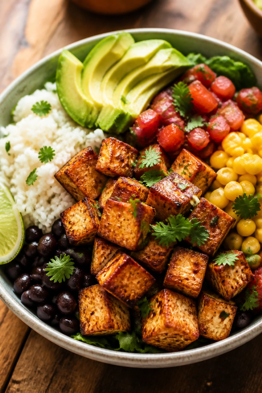 Crispy tofu burrito bowl with rice, beans, corn, salsa, and avocado