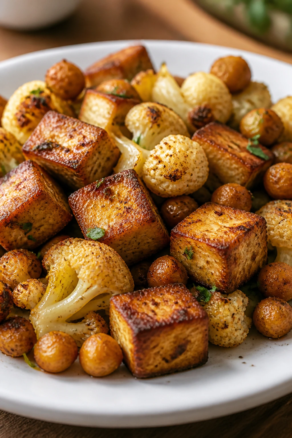 Close-up of a crispy Meatless Monday plate with tofu, cauliflower, and chickpeas