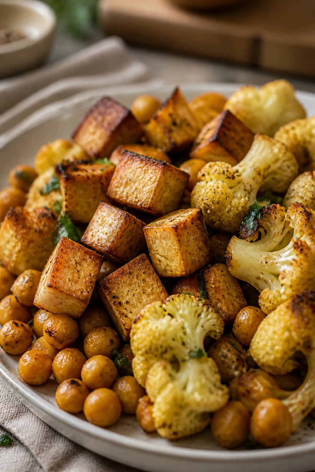 Close-up of crispy tofu, cauliflower, and chickpeas on a plate