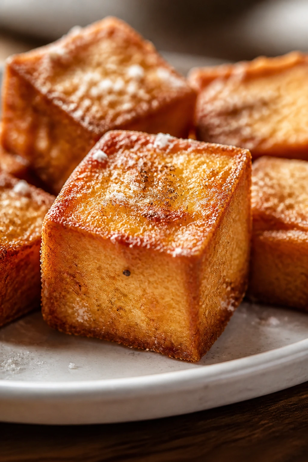 Crispy tofu cube with crust on a plate