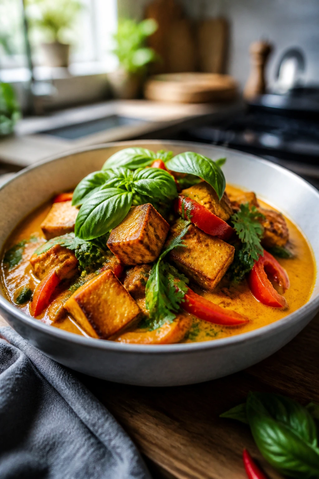 Bowl of coconut curry with crispy tofu cubes and colorful vegetables