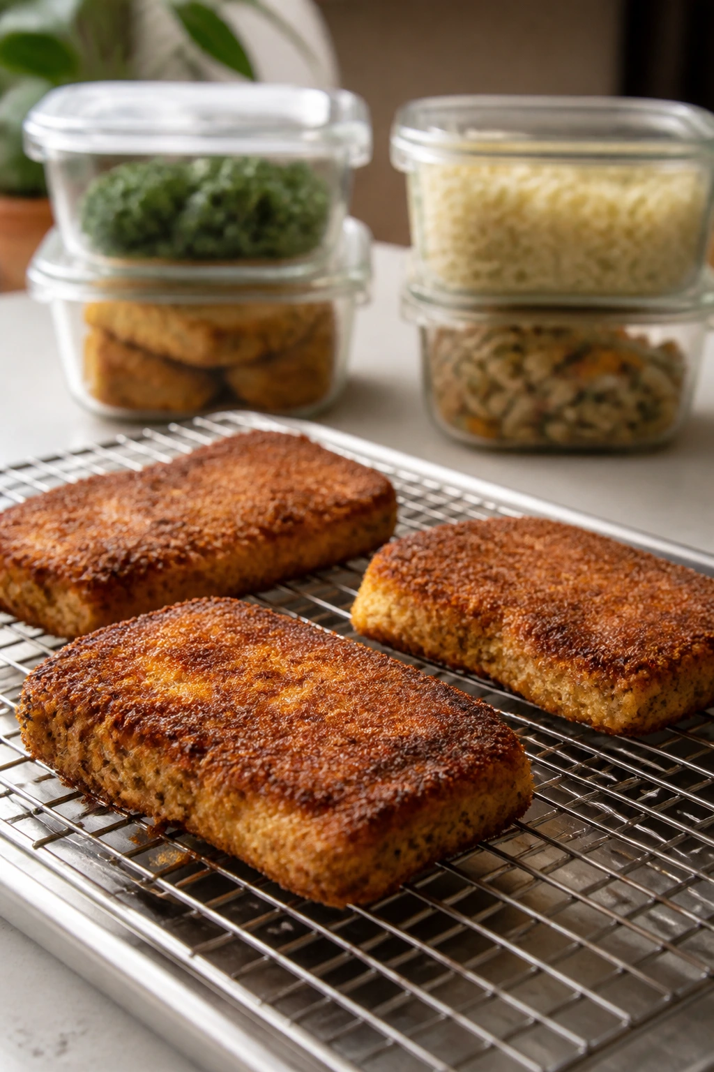 Close up of crispy breaded tofu cutlets on a wire rack in a bright kitchen