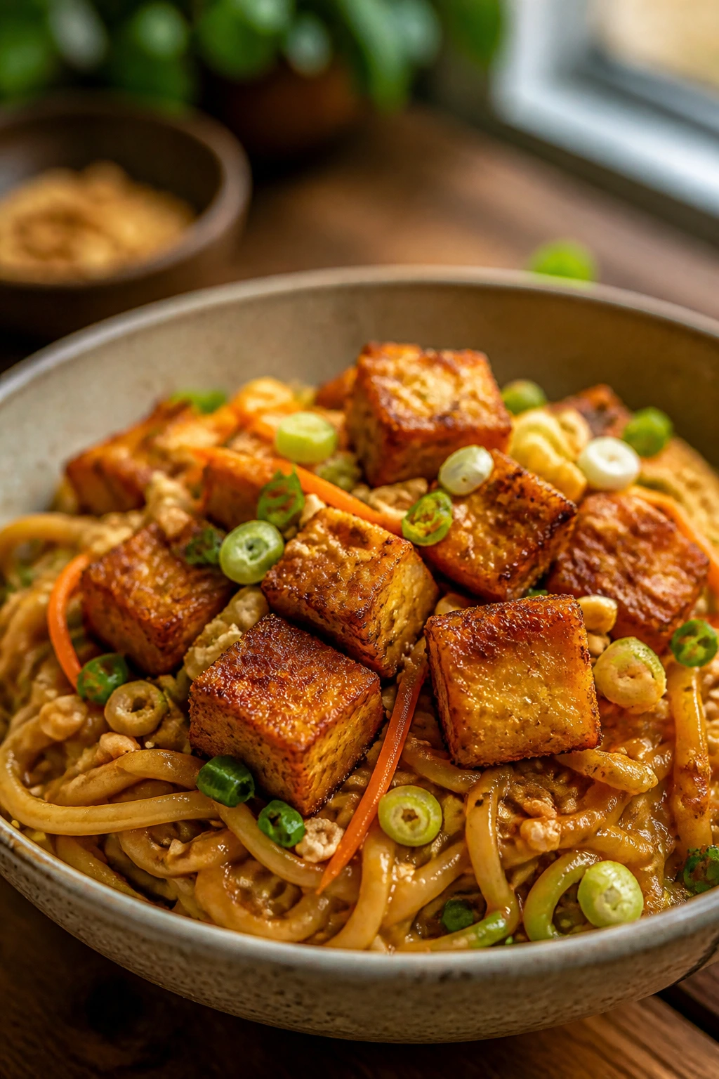 Close-up of crispy tofu and peanut noodles in a glossy sauce with carrot and scallion