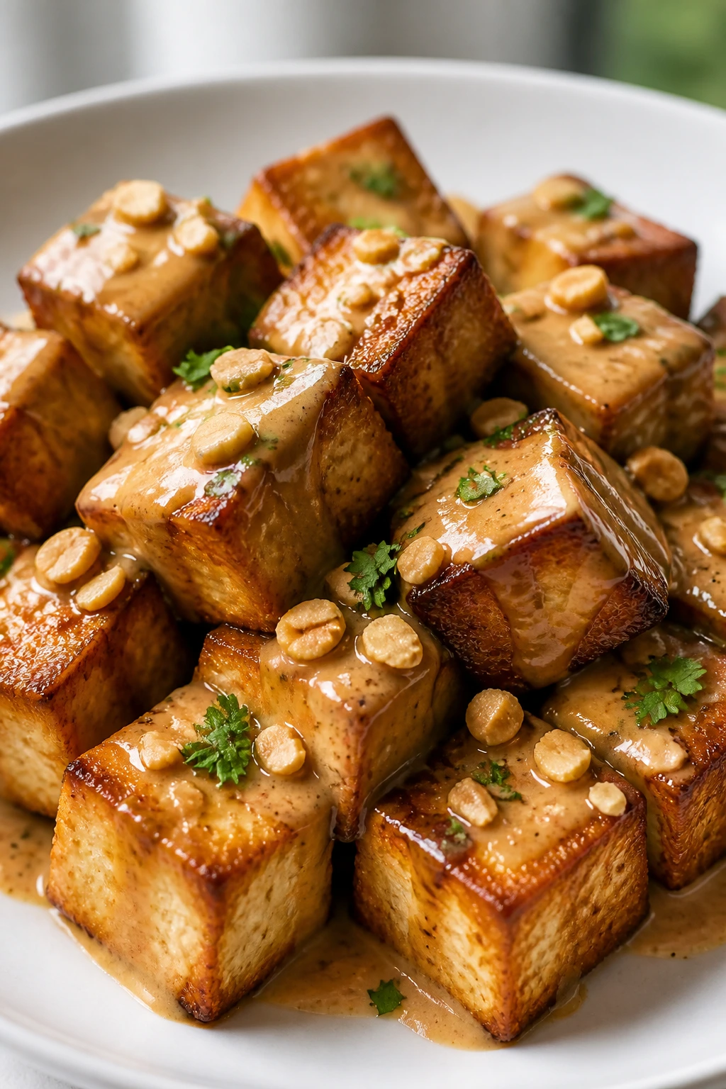 Crispy tofu with peanut sauce on a white plate