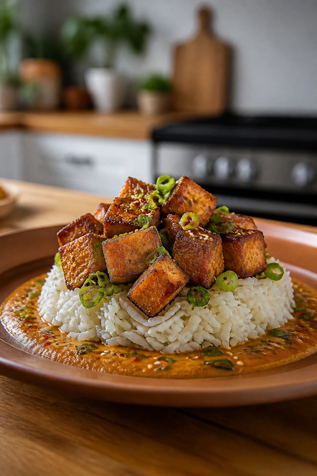 Close-up of crisp tofu on rice plate with sauce around edge