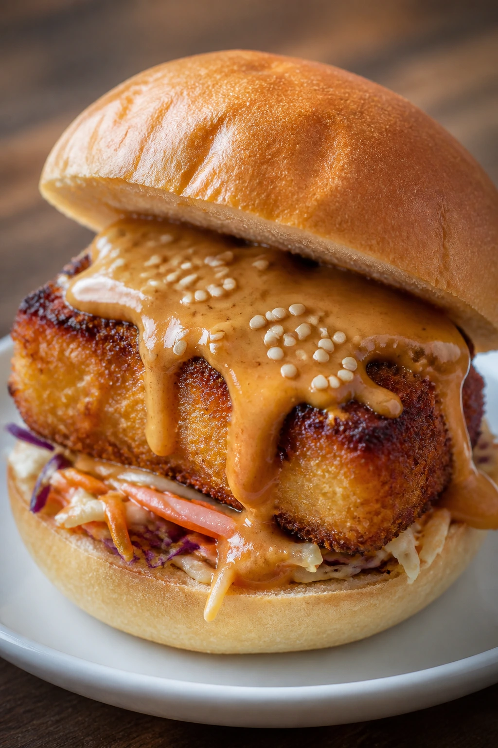 Crispy tofu slider with peanut-sesame sauce close-up