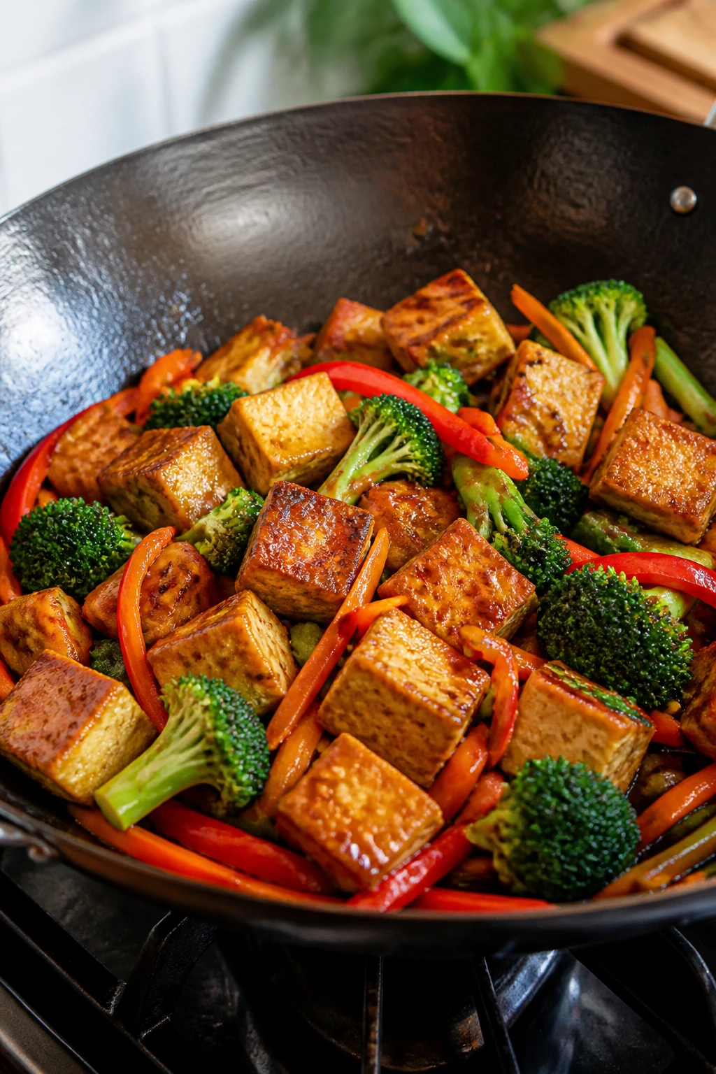 Wok with crispy tofu and colorful vegetables in sauce