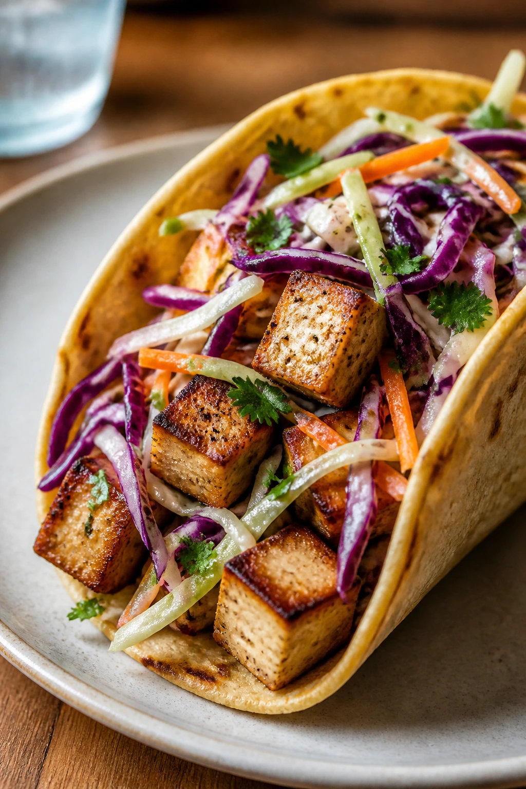 Close-up of crispy tofu taco with slaw on a plate