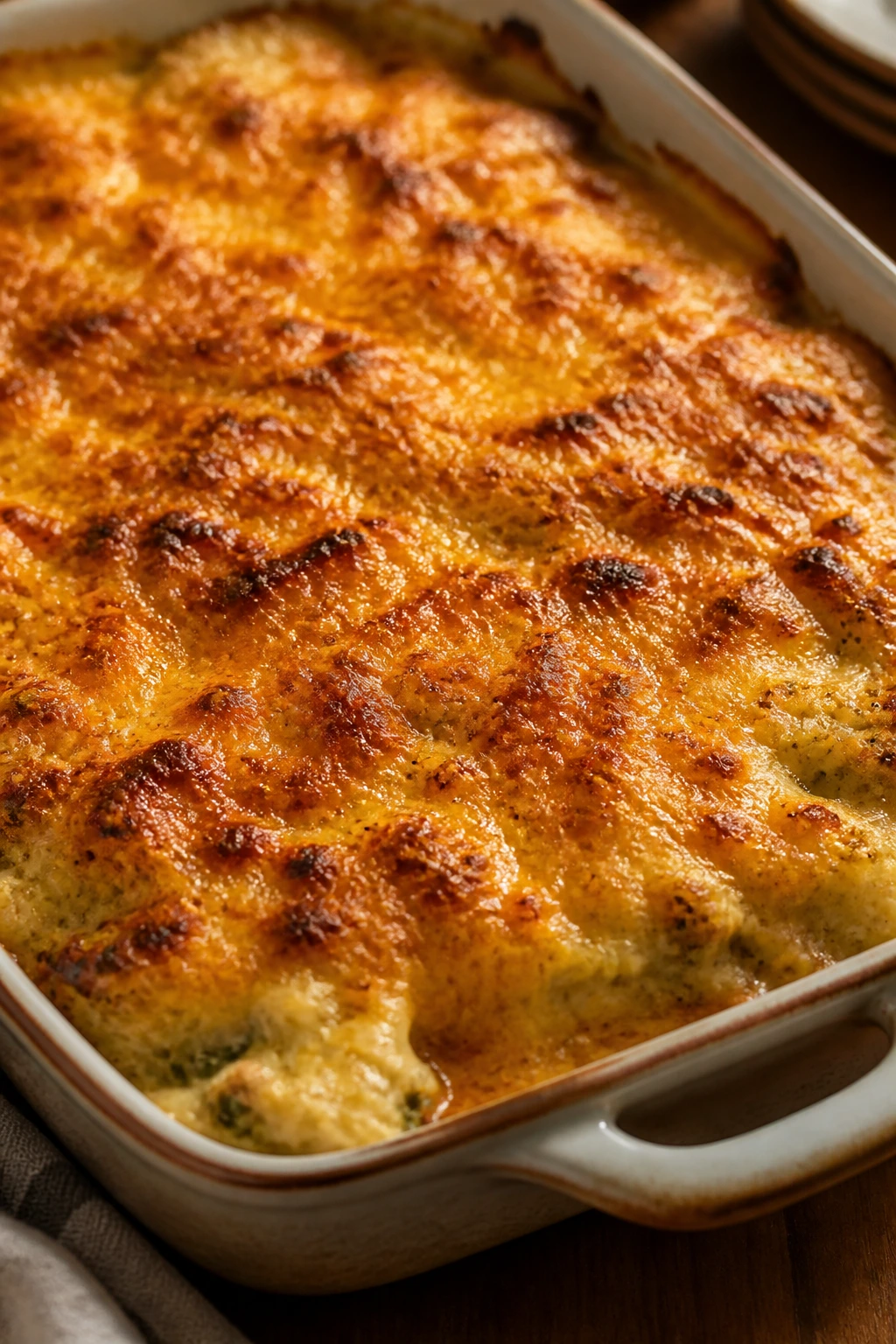 Close-up of a crispy cheesy casserole top on a serving dish