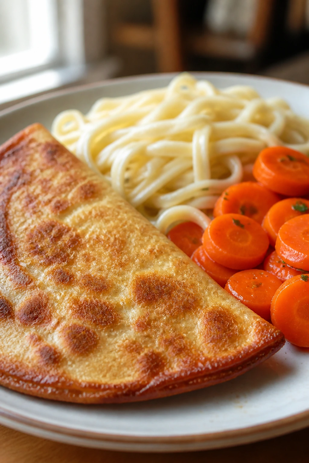 Plate featuring a crisp element (golden tortilla edge) alongside noodles and vegetables.