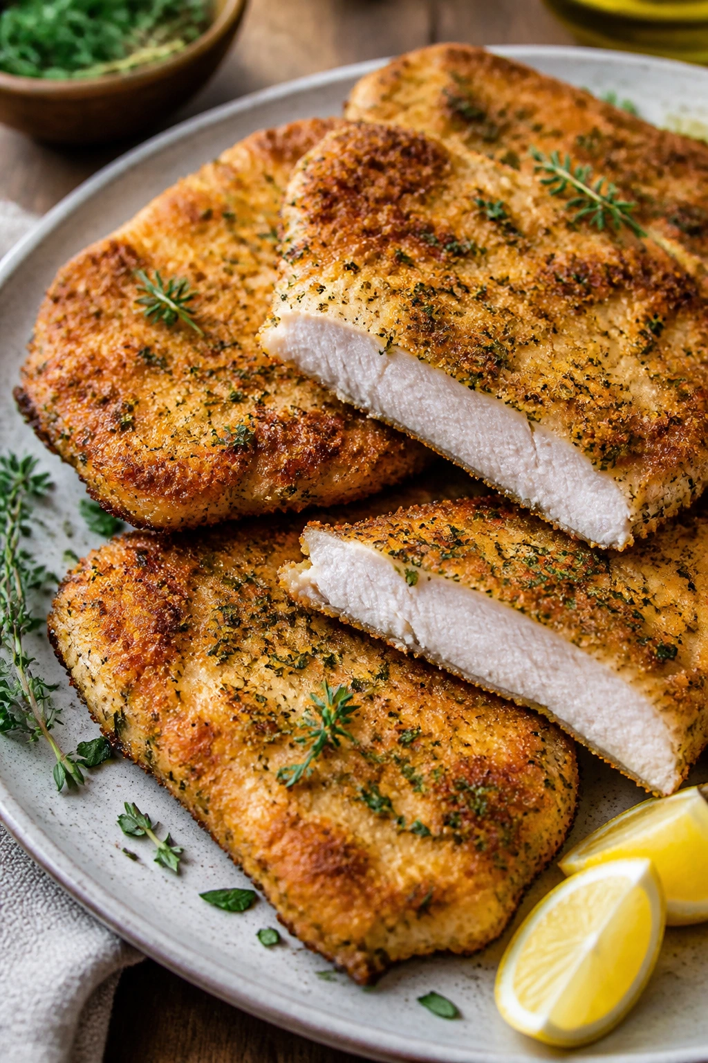 Plate of crispy herb-crusted turkey cutlets with lemon and herbs