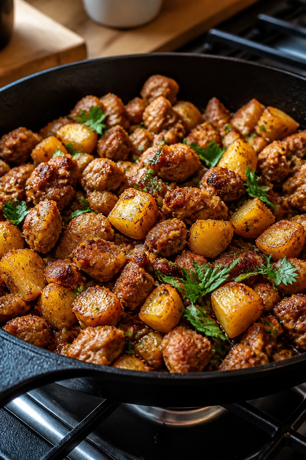 Close-up of a crispy turkey skillet with browned turkey and potatoes on a stove