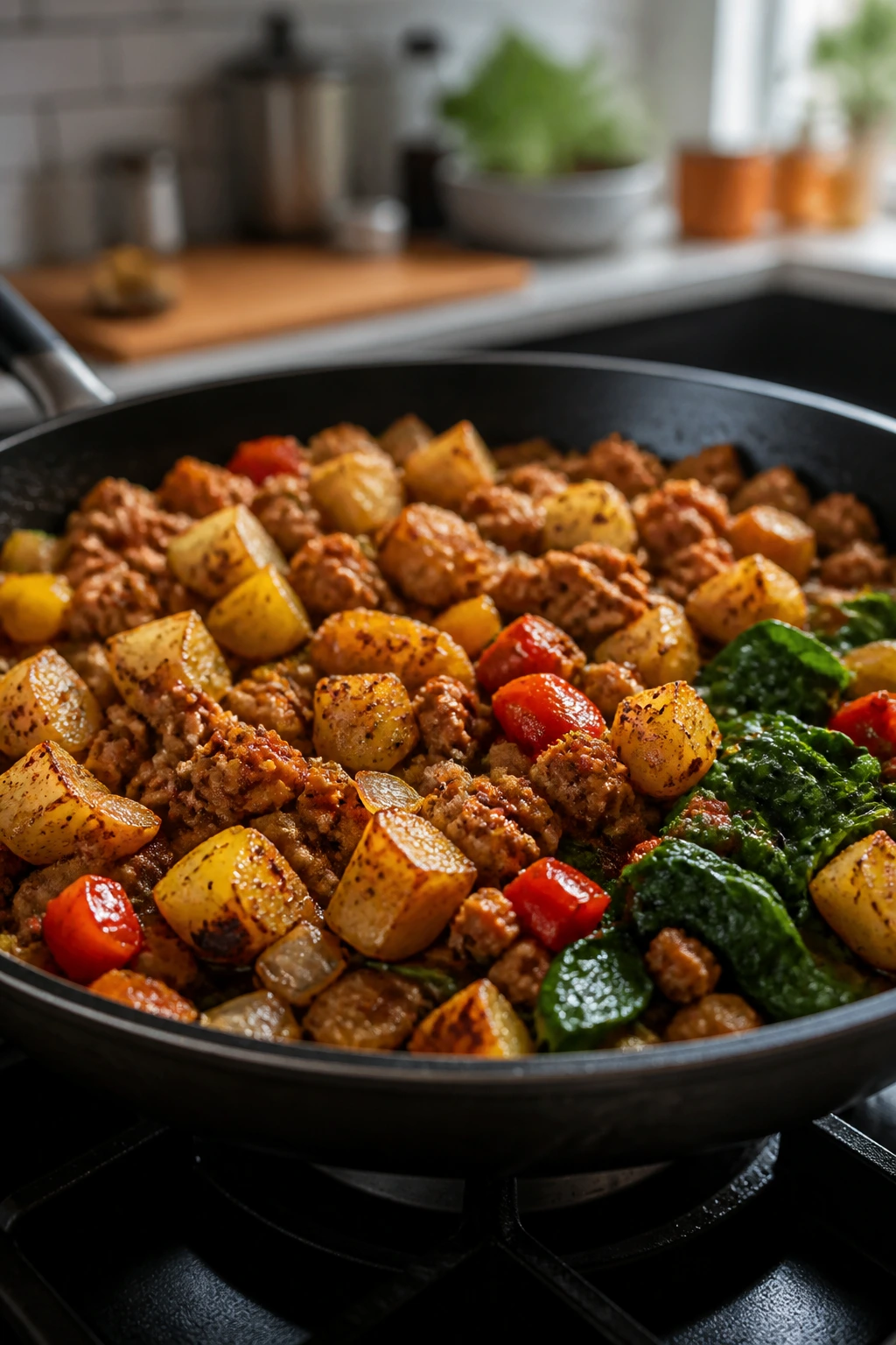 Skillet with potatoes and turkey in glossy glaze on stove