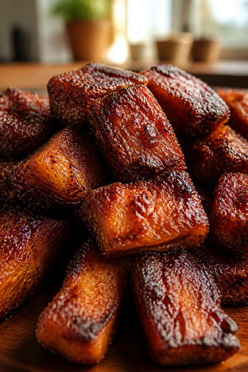 Close-up of crispy vegan BBQ pieces on a wooden board