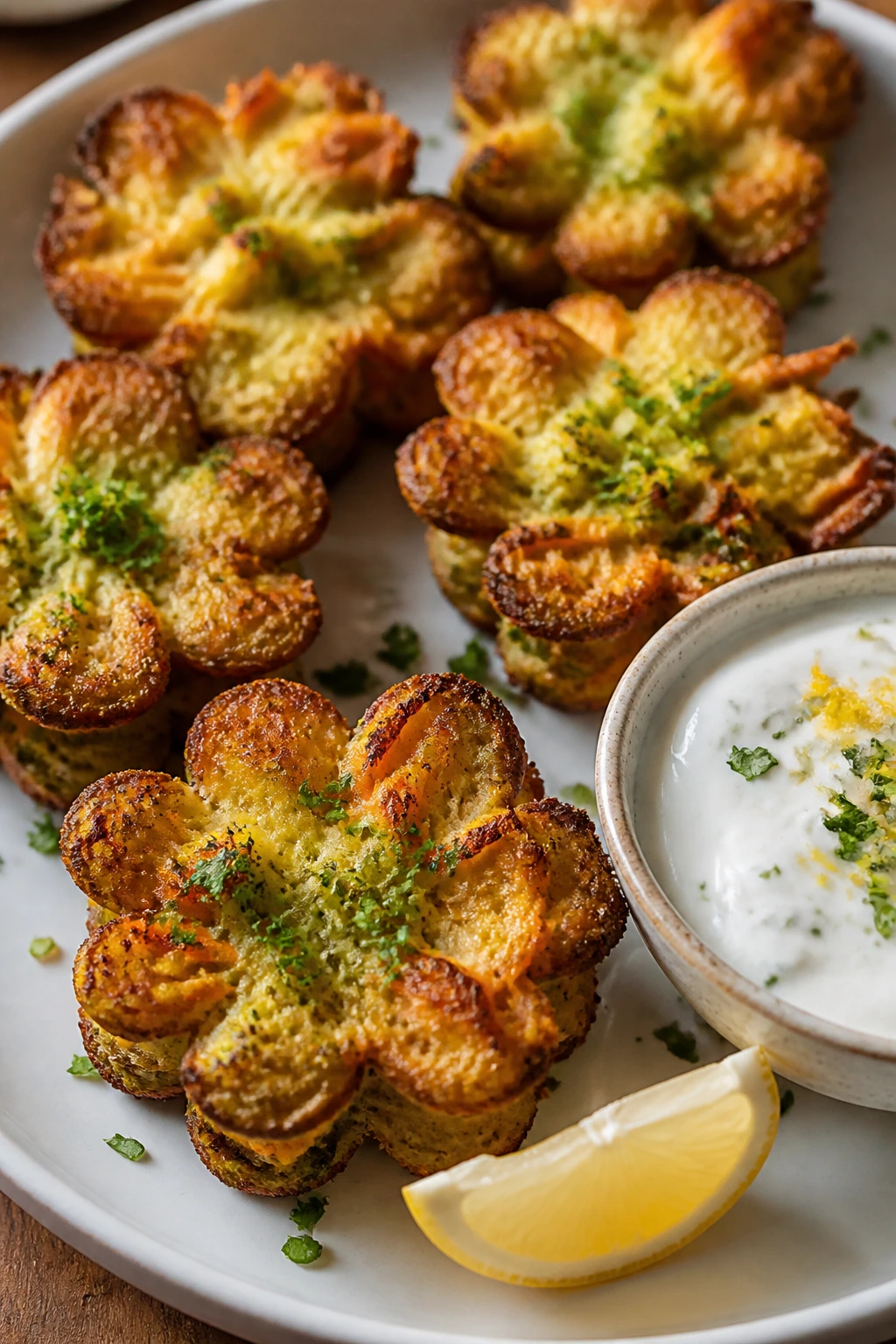 Plate of crispy vegetable flowers with lemon yogurt sauce