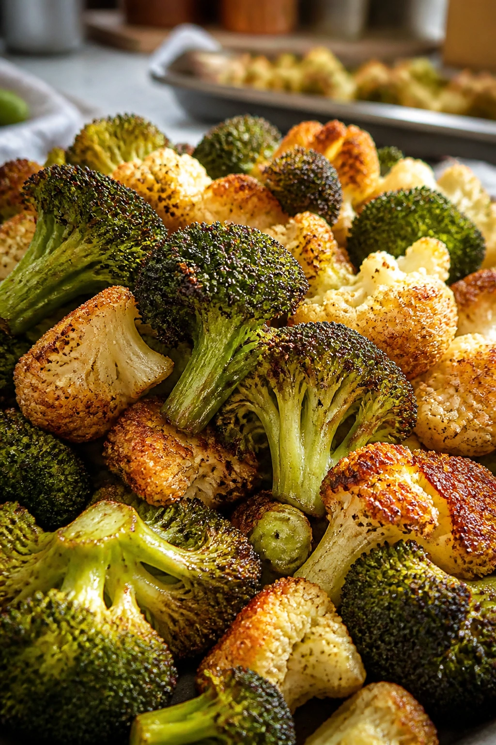Close-up of crispy roasted vegetables with browned edges on a baking sheet in a kitchen