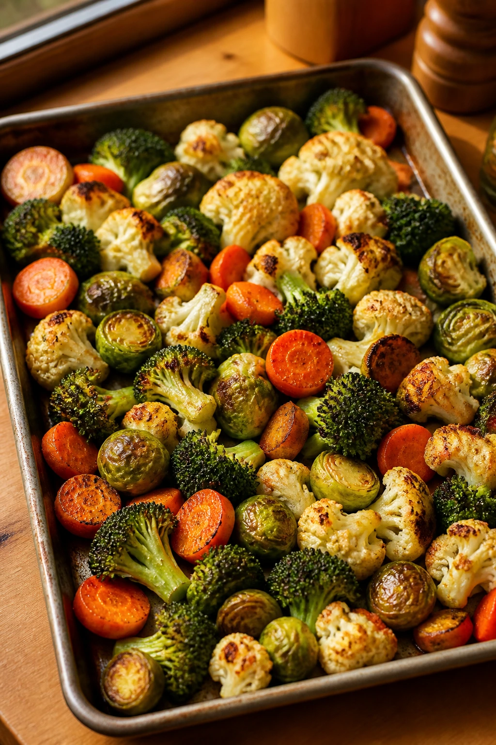 Close-up of sheet pan with broccoli, cauliflower, Brussels sprouts and carrots showing browned edges
