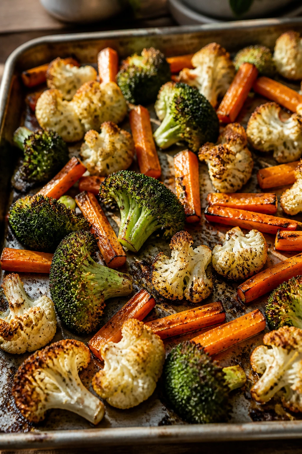 Close-up of crispy browned vegetables on a sheet-pan in a warm kitchen