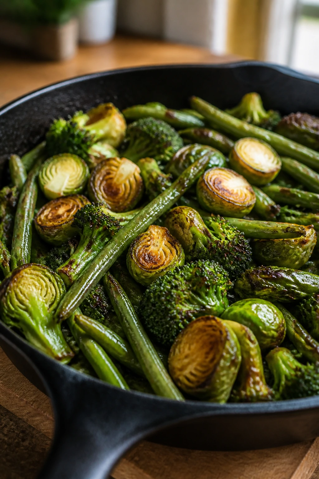 Close-up of crispy vegetables with varied finishes on a wooden counter