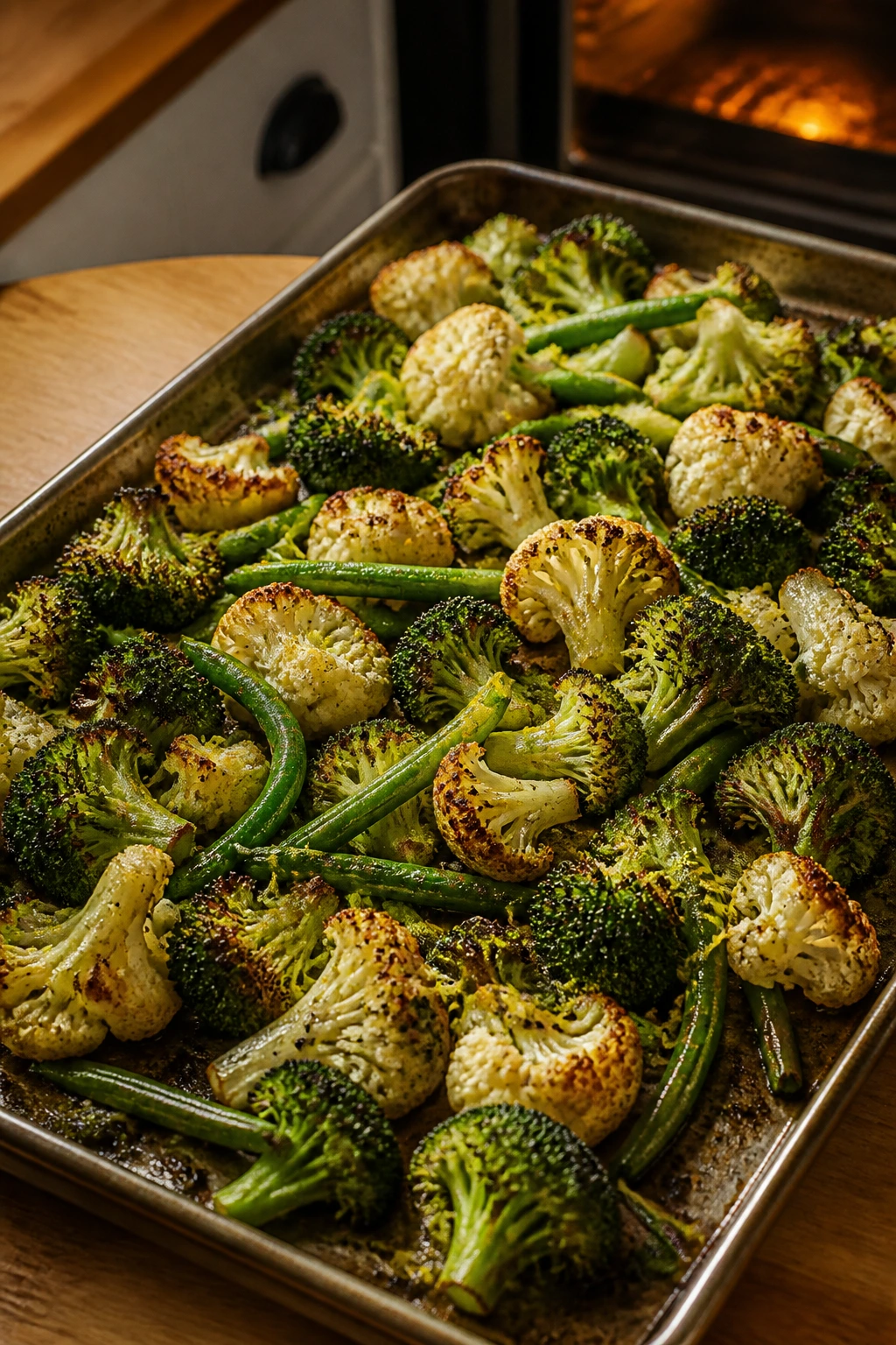 Close-up of crispy roasted broccoli, cauliflower, and green beans with lemon zest.