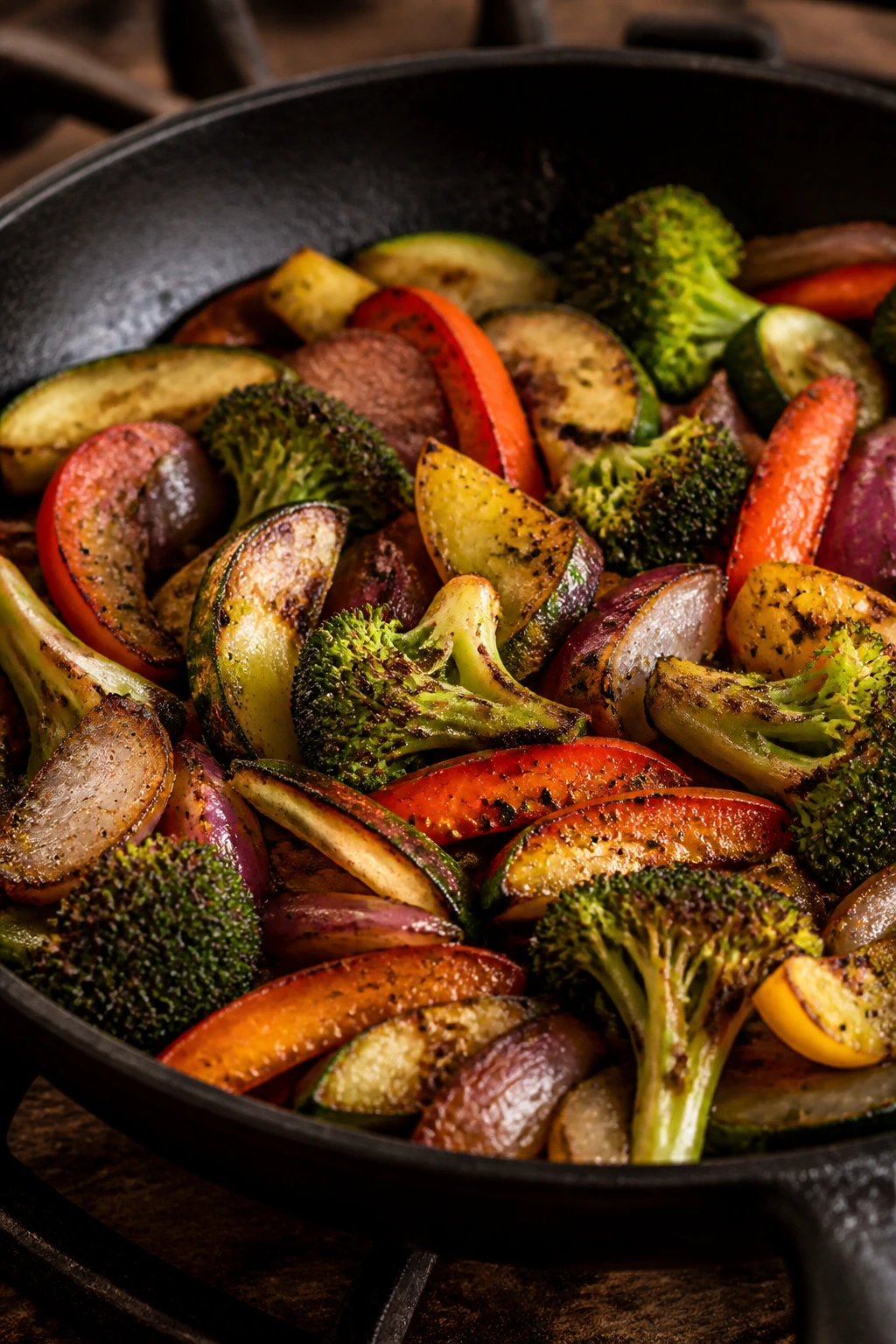 Crispy vegetables in a hot pan showing browning and crisp texture