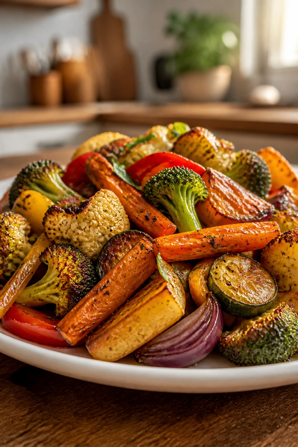 Plate of crispy roasted vegetables filling the frame