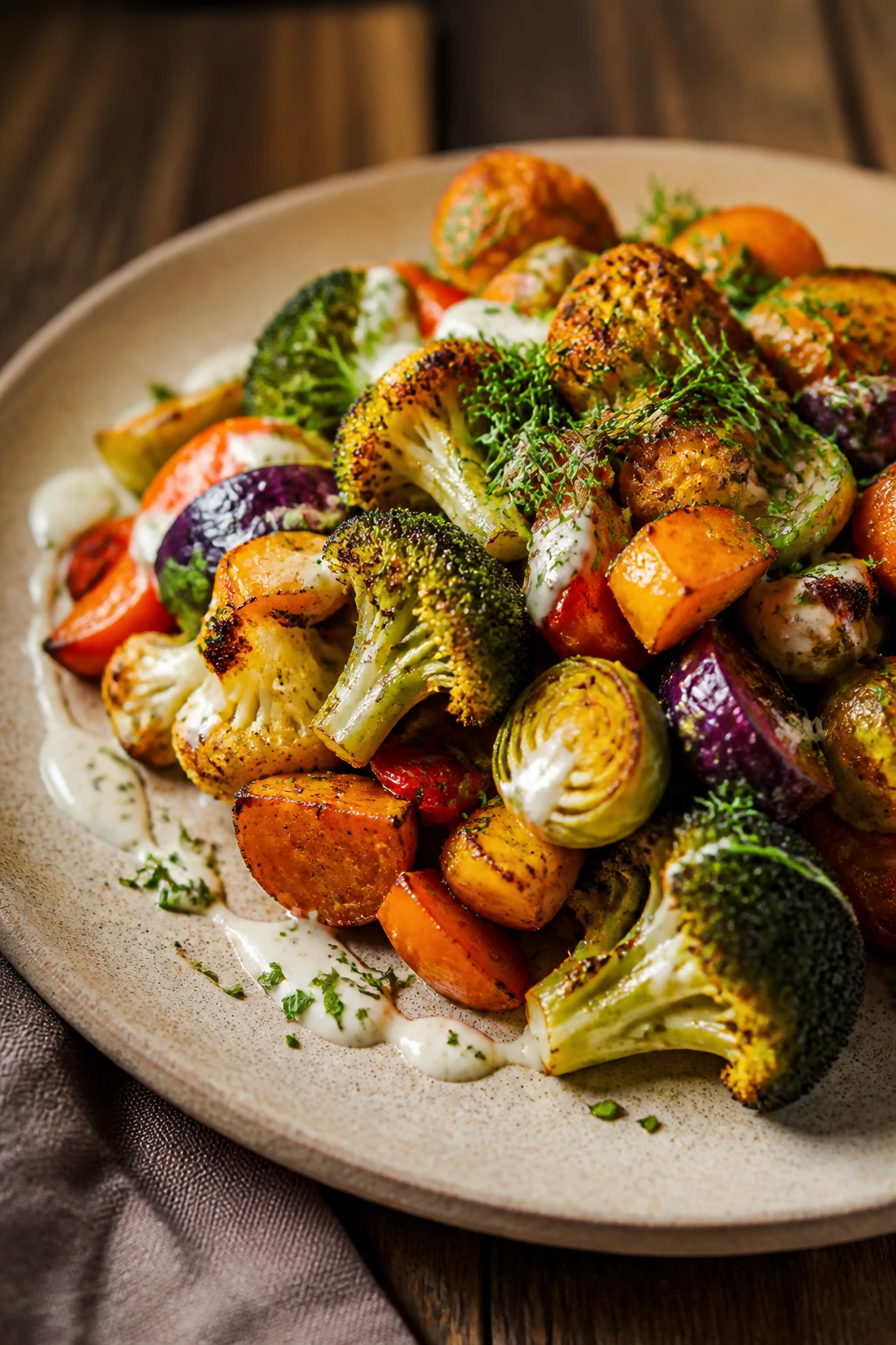 Plate of crispy roasted vegetables with sauce and herbs